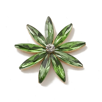 Alloy Cabochons, with Glass Rhinestone, Ligh Gold, Flower, Green, 32x5.5mm
