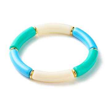 Candy Color Chunky Curved Tube Beads Stretch Bracelet, Acrylic Beads Bracelet for Women, Golden, Light Sky Blue, Inner Diameter: 2-1/8 inch(5.5cm)