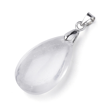 Natural Quartz Crystal Gemstone Pendants, with Alloy Findings, teardrop, Platinum, 23~24x14x8mm, Hole: 4x5mm