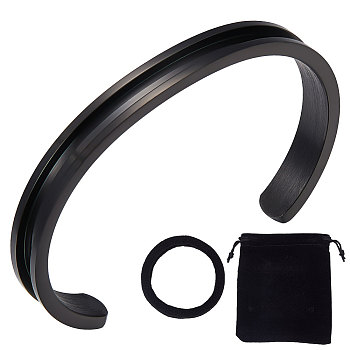 1Pc 304 Stainless Steel Grooved Bangles, Cuff Bangle, for Gemstone, Leather Inlay Bangle Making, with 1Pc Velvet Bag, Electrophoresis Black, 1/4 inch(0.75cm), Inner Diameter: 2-3/8 inch(6.1cm)