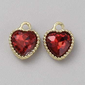 Glass Pendants, with Light Gold Alloy Finding, Heart Charms, Dark Red, 13x10.5x4mm, Hole: 2mm