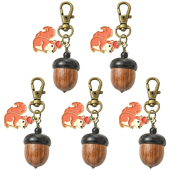 5Pcs Alloy Enamel Squirrel & Wood Acorn Pendant Decorations, with Alloy Swivel Lobster Claw Clasps, Antique Bronze, Dark Orange, 62mm