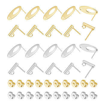 40Pcs 4 Style Rectangle & Oval 304 Stainless Steel Stud Earring Findings, with Loop, with 40Pcs 304 Stainless Steel & Iron Ear Nuts, Golden & Stainless Steel Color, 10~18.5x2~9.5x1~2mm, Hole: 1~1.8mm, Pin: 0.8mm, 10Pcs/style