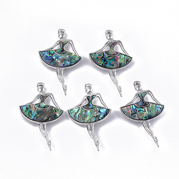 Abalone Shell/Paua Shell Brooches/Pendants, with Resin Bottom and Alloy Findings, Dancer, Platinum, Dark Slate Gray, 79x44x9.5mm, hole: 7x4mm, Pin: 0.7mm
