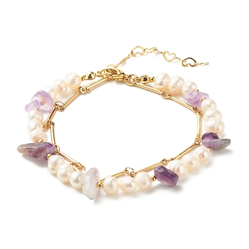 Natural Amethyst & Pearl Beads Double Layered Bracelet, Reiki Healing Bracelet with Link Chain, Golden, 7-1/8 inch(18cm)