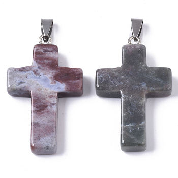 Natural Indian Agate Pendants, with Random Stainless Steel Snap On Bails, Cross, 44~46x27~29x6~8mm, Hole: 4x8mm