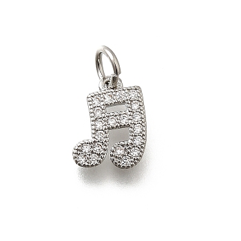 Brass Micro Pave Cubic Zirconia Charms, Musical Note Charms, Lead Free & Cadmium Free, Long-Lasting Plated, Rack Plating, with Jump Ring, Platinum, 10.5x8x1.5mm, Hole: 3mm