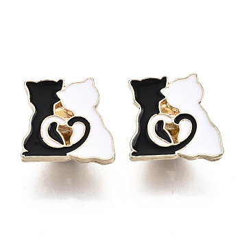 Alloy Brooches, Enamel Pin, with Brass Butterfly Clutches, Cat Shape, Light Gold, Black, 18x19x2mm, Pin: 1mm
