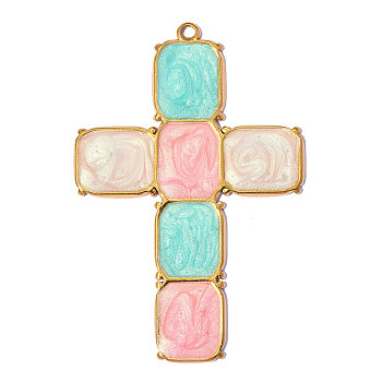 304 Stainless Steel with Enamel Pendants, Ion Plating(IP), Cross Charms, Hand Polished, Real 18K Gold Plated, Colorful, 46x31mm, Hole: 2mm