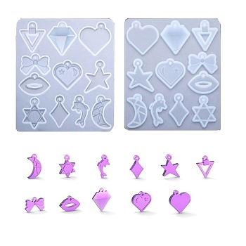 DIY Pendant Silicone Molds, Resin Casting Molds, Triangle, Diamond, Heart, Bowknot, Lip, Star, Star of David, Rhombus, Dolphin, Moon, White, 82x70x4mm, Hole: 1.5mm, Inner Diameter: 12~24x7~22mm