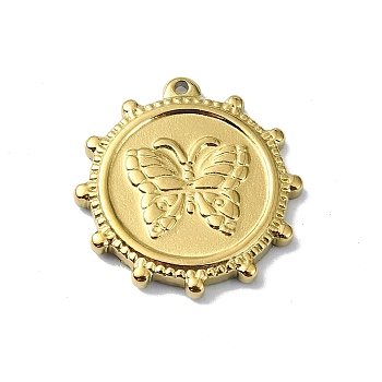 Ion Plating(IP) 304 Stainless Steel Pendants, Real 18K Gold Plated, Flat Round Charm, Butterfly, 17x16x2mm, Hole: 1mm