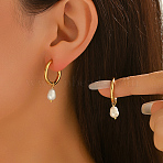 Stainless Steel Teardrop Hoop Earrings, with Freshwater Pearl, Golden, 30x6mm(WK1749)