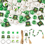 DIY Festival Tree Decorative Beaded Set, Saint Patrick's Day Wood European Beads, Large Hole Printed Beads, Jute Cord, Jute String, 304 Stainless Steel Split Key Rings, Mixed Color, 19~20x18~20mm, Hole: 2.5~4.5mm(DIY-TA0015-93)