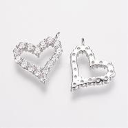 Brass Micro Pave Grade AAA Cubic Zirconia Charms, Heart, Cadmium Free & Nickel Free & Lead Free, Real Platinum Plated, 15x13x2mm, Hole: 1mm(ZIRC-G086-01P-NR)