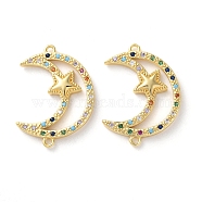 Rack Plating Brass Colorful Cubic Zirconia Moon Star Connector Charms, Long-Lasting Plated, Lead Free & Cadmium Free, Real 18K Gold Plated, 26x18x3mm, Hole: 1.3mm(KK-C084-21G)