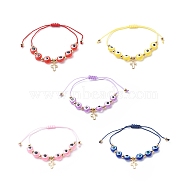 Brass Tiny Cross Charms Braided Beaded Bracelets for Women, with Evil Eye Resin Bead and Braided Nylon Thread, Mixed Color, Inner Diameter: 2~2-7/8 inch(5.2cm)(BJEW-JB08743)