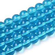Transparent Glass Beads Strands, Round, Deep Sky Blue, 8~8.5mm, Hole: 1.5mm, about 51~53pcs/strand, 14.96 inch~15.55 inch(38~39.7cm)(GLAA-T032-T8mm-06)