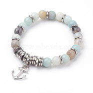 Natural Amazonite Charm Bracelets, with Alloy Anchor Pendants and CCB Plastic Beads, Platinum, 2-1/8 inch(53mm)(BJEW-JB03403-02)