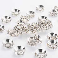 Brass Rhinestone Spacer Beads, Grade A, Rondelle, Silver Color Plated, Crystal, 9x4mm(RB-A020-9mm-01S)