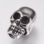 304 Stainless Steel European Beads, Large Hole Beads, Skull, Antique Silver, 16.5x9.5x12mm, Hole: 4mm(STAS-F144-117AS)