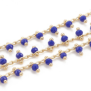 Handmade Glass Beaded Chains, Soldered, with Spool, Brass Findings, Faceted, Round, Nickel Free, Real 18K Gold Plated, Blue, 5.5mm(CHC-S002-12C)
