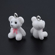 Opaque Resin Pendants, with Platinum Tone Iron Loops, Flocky Bear Charm with Bowknot, White, 22.5x15x11mm, Hole: 2.5mm(RESI-G047-30)