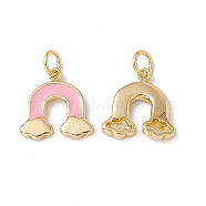Brass Enamel Pendants, with Jump Ring, Real 18K Gold Plated, Rainbow with Cloud, Pearl Pink, 4.5x14x3mm, Hole: 3.3mm(KK-E068-VC010)