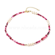 Natural Pearl Beaded Necklace, Round Natural Striped Agate Reiki Beads Necklace for Women, Golden, Cerise, 16 inch(40.5cm)(NJEW-JN03765-02)