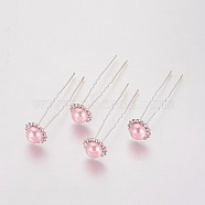 (Defective Closeout Sale), Lady's Hair Forks, with Silver Color Plated Iron Findings, Acrylic Imitation Pearl and Rhinestone, Flower, Crystal, Pearl Pink, 75mm(PHAR-XCP0001-I01)