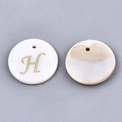 Natural Freshwater Shell Pendants, with Golden Plated Brass Etched Metal Embellishments, Flat Round with Letter, Letter.H, 15x2mm, Hole: 1.2mm(X-SHEL-N027-04H)