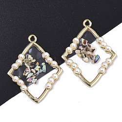Epoxy Resin Pendants, with Shell and Light Gold Plated Alloy Open Back Bezel, Rhombus, Clear, 34.5x26.5x3.5mm, Hole: 1.8mm(RESI-T045-001)