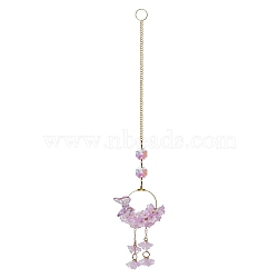 Glass Lily of the Valley Pendant Decorations, with Metal Ring, Window Hanging Suncatchers, Plum, 330mm(PW-WG40178-01)