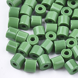Opaque Glass Bugle Beads, Round Hole, Green, 7~7.5x6~6.5mm, Hole: 2.5mm, about 800pcs/bag(SEED-S023-02D)