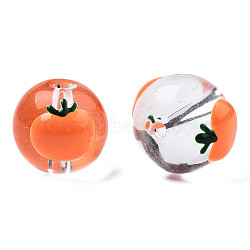 Transparent Glass Beads, Hand Drawn Beads, with Enamel Orange Pattern, Round, Coral, 13x12x11mm, Hole: 1.6mm(GLAA-TAC0010-19)