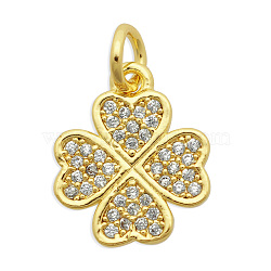 Brass Micro Pave Clear Cubic Zirconia Charms, Cadmium Free & Nickel Free & Lead Free, Clover, Light Gold, 14x11.5x2mm, Jump Ring: 7x1mm, 5mm(KK-N241-LA822-2-NR)