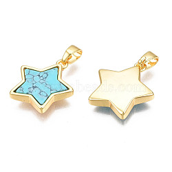 Real 18K Gold Plated Brass Pendants, with Synthetic Turquoise Cabochons, Cadmium Free & Nickel Free & Lead Free, Star, Turquoise, 17x15x3mm, Hole: 2.5x5mm(KK-N233-173A-01B)