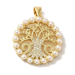 Rack Plating Brass Micro Pave Clear Cubic Zirconia Pendants, with Plastic Pearl Beads, Cadmium Free & Lead Free, Real 18K Gold Plated, Long-Lasting Plated, Tree of Life, 26x23.5x4mm, Hole: 5x3.5mm(KK-P267-04C-G)