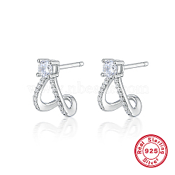 Anti-Tarnish Rhodium Plated 925 Sterling Silver Stud Earrings, Half Hoop Earrings with Cubic Zirconia, Platinum, 13x9mm(RF3970-1)