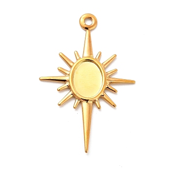 Rack Plating Brass Pendant Cabochon Settings, Long-Lasting Plated, Sun, Golden, Tray: 8x5.5mm, 30x19.5x1mm, Hole: 1.5mm