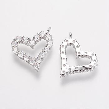 Brass Micro Pave Grade AAA Cubic Zirconia Charms, Heart, Cadmium Free & Nickel Free & Lead Free, Real Platinum Plated, 15x13x2mm, Hole: 1mm
