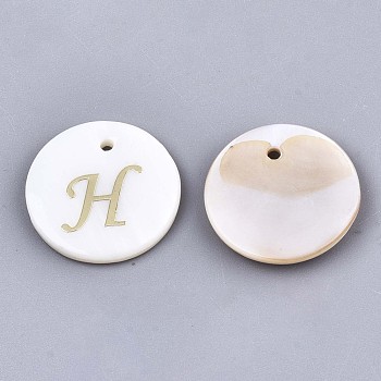 Natural Freshwater Shell Pendants, with Golden Plated Brass Etched Metal Embellishments, Flat Round with Letter, Letter.H, 15x2mm, Hole: 1.2mm