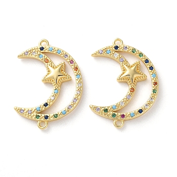 Rack Plating Brass Colorful Cubic Zirconia Moon Star Connector Charms, Long-Lasting Plated, Lead Free & Cadmium Free, Real 18K Gold Plated, 26x18x3mm, Hole: 1.3mm