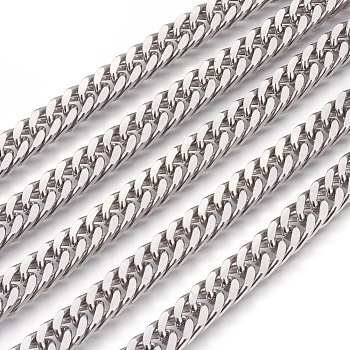 201 Stainless Steel Cuban Link Chains, Chunky Curb Chains, Unwelded, Stainless Steel Color, 8mm, 12x8x4mm