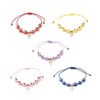 Brass Tiny Cross Charms Braided Beaded Bracelets for Women, with Evil Eye Resin Bead and Braided Nylon Thread, Mixed Color, Inner Diameter: 2~2-7/8 inch(5.2cm)