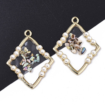 Epoxy Resin Pendants, with Shell and Light Gold Plated Alloy Open Back Bezel, Rhombus, Clear, 34.5x26.5x3.5mm, Hole: 1.8mm