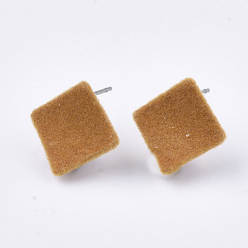 Flocky Iron Stud Earring Findings, with Steel Pins and Loop, Rhombus, Orange, 15x15mm, Hole: 2mm, Pin: 0.8mm, Side Length: 11mm