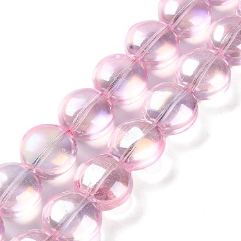 Baking Paint Glass Beads Strands, Flat Round, Pink, 12~12.5x8~8.5mm, Hole: 1mm, about 50pcs/strand, 23.54''(59.8cm)