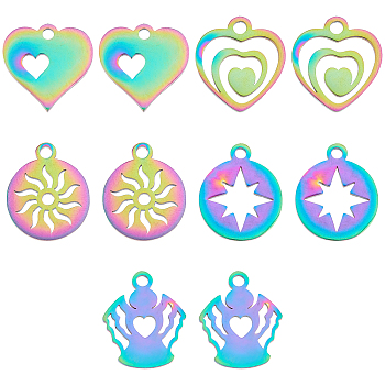 Unicraftale 10Pcs 5 Style 201 Stainless Steel Charms, Mixed Shapes, Rainbow Color, 2pcs/style