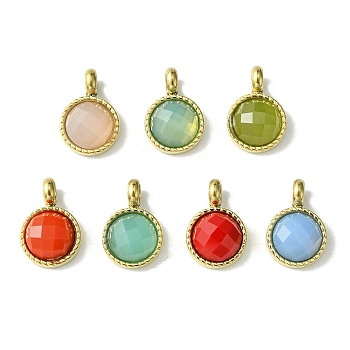 Ion Plating(IP) Real 14K Gold Plated 304 Stainless Steel with Glass Pendant, Faceted Flat Round Charms, Mixed Color, 15x10x4mm, Hole: 3mm