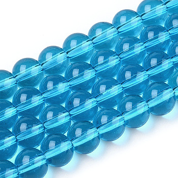 Transparent Glass Beads Strands, Round, Deep Sky Blue, 8~8.5mm, Hole: 1.5mm, about 51~53pcs/strand, 14.96 inch~15.55 inch(38~39.7cm)